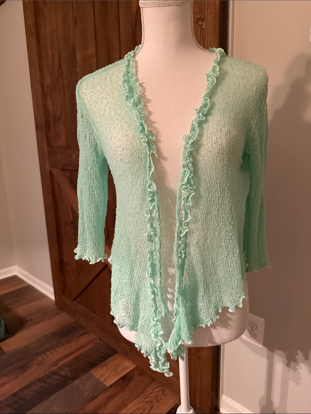 Light Mint Ruffle-Trim Women's Sweater Cardigan